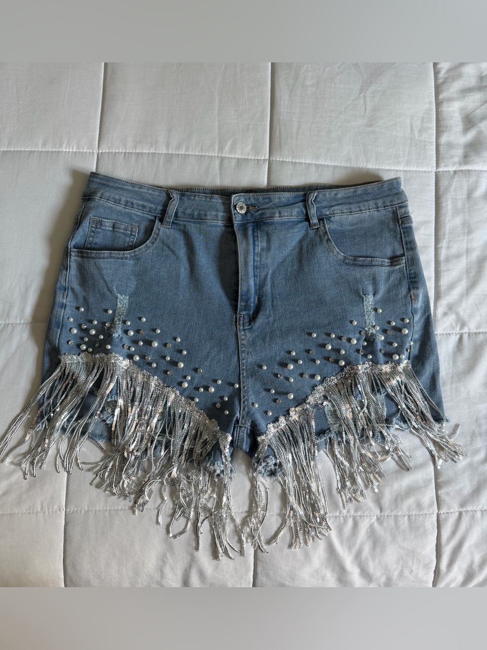 Silver Rhinestones & Fringe Embellished Denim Blue Jean Stretchy Shorts - 2X